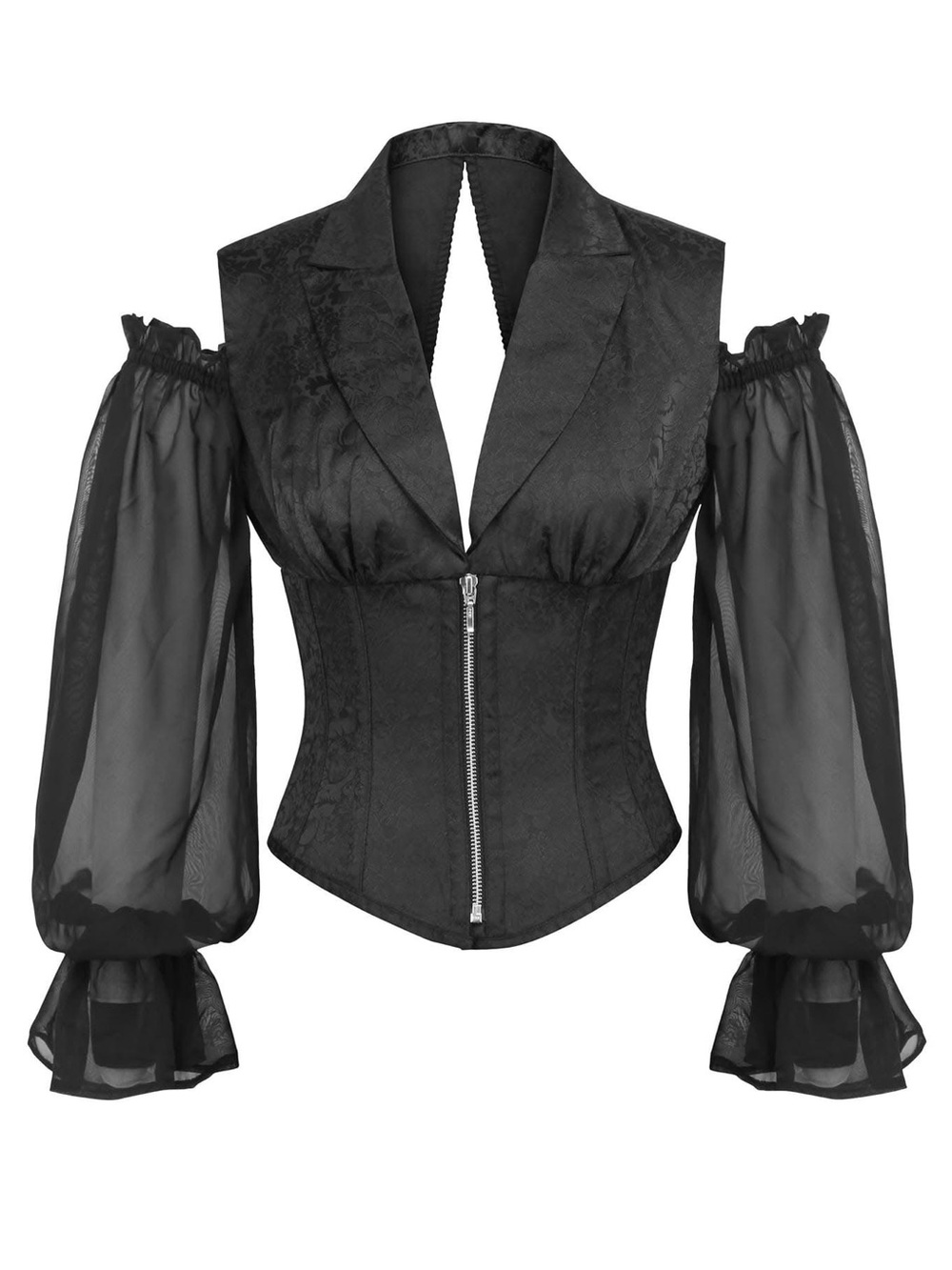 Vintage Black Off-Shoulder Lace Corset Blouse with Sheer Bishop Sleeves
